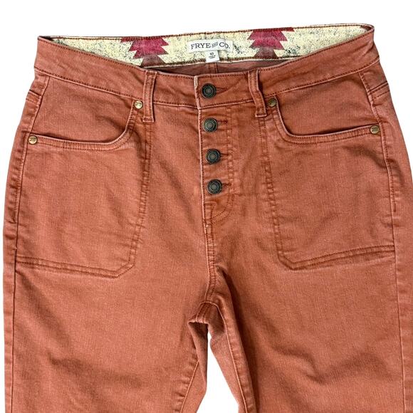 Frye and Co Harper Mid Rise Crop Flare Burnt Orange Button Fly Jeans size 10 - Picture 9 of 11